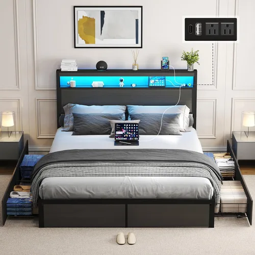 Vista 12 de SADENICEL Base de cama de tamaño matrimonial con almacenamiento, plataforma de cama de madera LED con cabecero, 2 cajones, estación de carga,