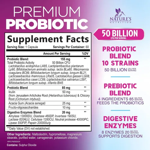 Vista 2 de Probióticos, 60 mil millones de UFC por porción, probióticos con prebióticos para apoyo a la salud digestiva e inmunológica para mujeres y hombres