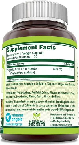 Vista 2 de Herbal Secrets Suplemento Amla 500 mg por porción 120 cápsulas vegetales Hecho con amla natural Suplemento Sin OMG Sin gluten