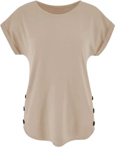 Vista 4 de Limerose Camiseta de manga corta para mujer, cuello redondo, botones laterales, estilo casual, holgada