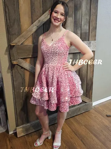 Vista 2 de Vestidos de fiesta de lentejuelas para adolescentes, vestido corto de graduación 2024 con cuello en V brillante, vestido formal de fiesta de cóctel