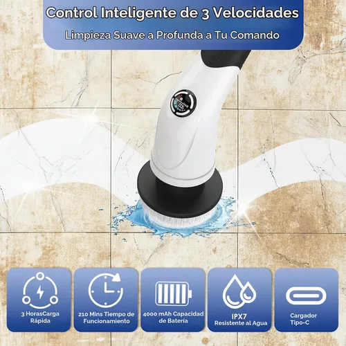 Vista 3 de Escoba eléctrica sin cable giratoria, cepillo de limpieza recargable impermeable IPX7 con batería de 4000mAh, tiempo de funcionamiento de 210