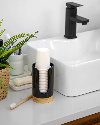 Vista 9 de Dispensador de tazas de baño de cerámica, soporte desechable de papel y plástico de 3 a 5 onzas, dispensador de tazas de enjuague bucal para baño