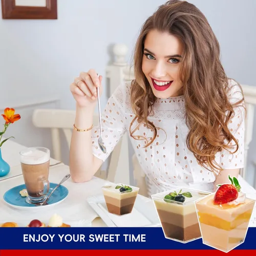 Vista 6 de JOLLY CHEF Paquete de 100 mini tazas cuadradas de postre de 2 onzas con cucharas, taza de plástico transparente para aperitivos de parfait, cuenco
