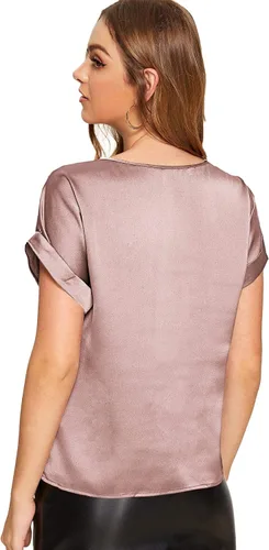 Vista 2 de Floerns Elegante blusa de seda de satén con cuello redondo y manga corta para mujer
