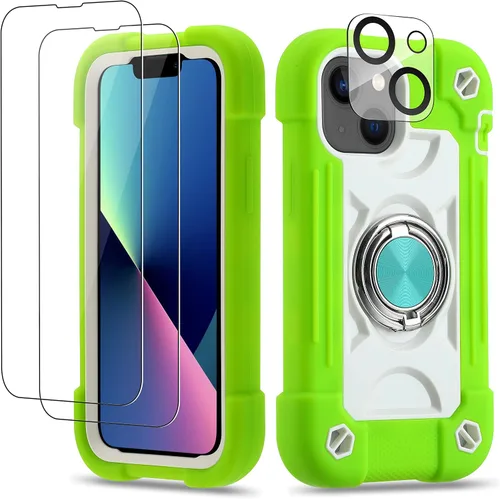 Vista 143 de Funda para iPhone 11 de 6.1 pulgadas con soporte de anillo, con 2 protectores de pantalla de vidrio, resistente a los golpes, resistente a