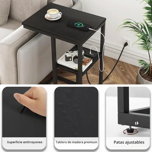 Vista 7 de Vagusicc Mesa auxiliar en forma de C con estación de carga, mesa auxiliar pequeña para sofá, mesa auxiliar de aperitivos con puertos USB y salidas