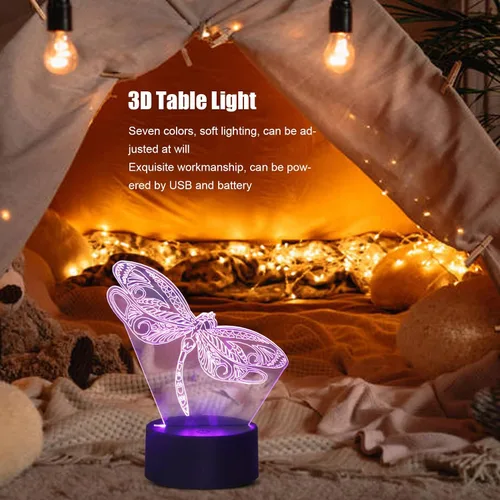 Vista 3 de Luz nocturna 3D con ilusión 3D, 7 cambios de color, acrílico transparente, libélula 3D, luz nocturna LED para dormitorio, regalo de cumpleaños