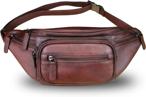 Vista 3 de Cangurera de cuero genuino para mujeres y hombres, riñonera de cuero, bolso bandolera de moda, bolso cruzado de hombro, mochila (café)