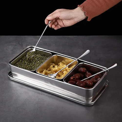 Vista 8 de Servidor de condimentos, tarro de condimentos de acero inoxidable de grado alimenticio de 21 onzas con cuchara y tapa, 3 compartimentos extraíbles