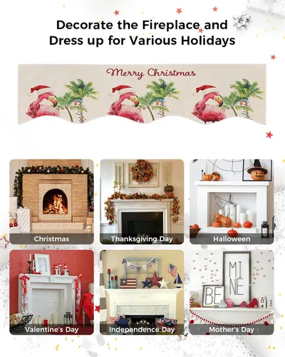 Vista 6 de Bufanda de manto de Feliz Navidad, 60 x 17 pulgadas, flamenco tropical, palmera, chimenea, mantel de chimenea, cubierta de mantel para Navidad