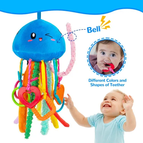 Vista 4 de teytoy Juguete sensorial, juguetes de textura para bebés con sonajero, juguetes sensoriales para autismo, forma de medusa, juguetes sensoriales