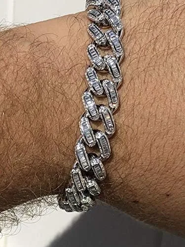 Vista 9 de HarlemBling Solid 925 Sterling Silver - Baguette CZ Iced Mens Miami Cuban Link Bracelet - 12mm - Heavy 62 Grams