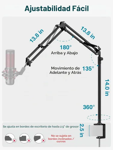 Vista 5 de InnoGear Soporte de micrófono de escritorio, brazo articulado aéreo giratorio 360° para micrófono con elevación alta para Blue Yeti Snowball HyperX