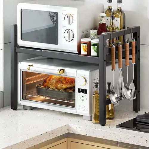 Vista 4 de Estante para horno de microondas, soporte para microondas, estante ajustable con 6 ganchos, estante para microondas, soporte para microondas