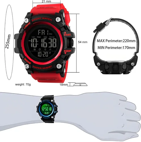 Vista 5 de Reloj deportivo digital con correa de resina negra, impermeable, cronómetro, para hombres y mujeres