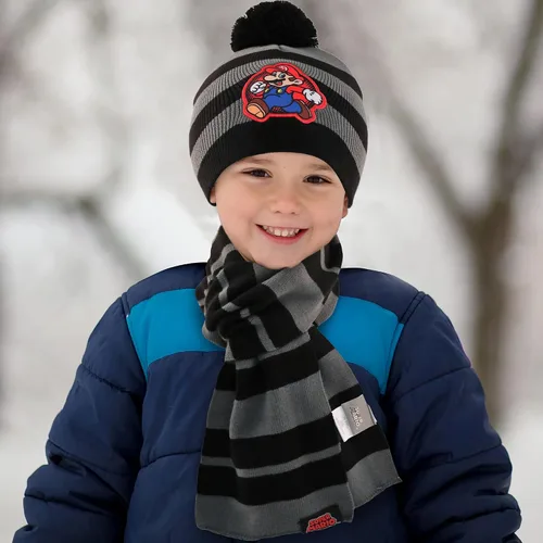 Vista 2 de Nintendo Conjunto de gorro de invierno, bufanda y guantes para niños, Super Mario para edades de 4 a 7 años