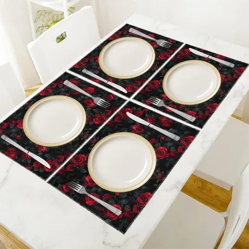 Vista 5 de Red Rose Placemats Set of 6 Resistant Table Mats Washable Place Mats for Dinner Party Table Decoration