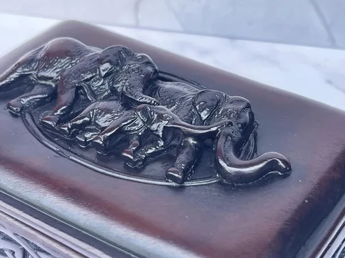 Vista 5 de Caja de abalorios de elefante con tapa para recuerdos de joyería, decoración familiar de elefantes Feng Shui, escultura de resina marrón de 6