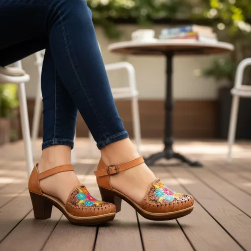 Vista 15 de Zapatos Mexicanos de Piel con Flores Bordadas, con Tacones para Mujer - Modelo 102BL