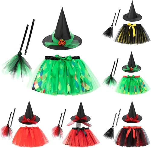 Vista 2 de Vestido de Halloween para niños, vestido de bruja de manga larga, disfraz de Halloween, vestido y falda con sombrero para niñas