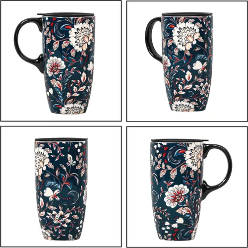 Vista 9 de DUSVALLY Taza de viaje de cerámica de 17 onzas con tapa, taza de café botánica vintage, taza de té floral azul con asa, apta para microondas