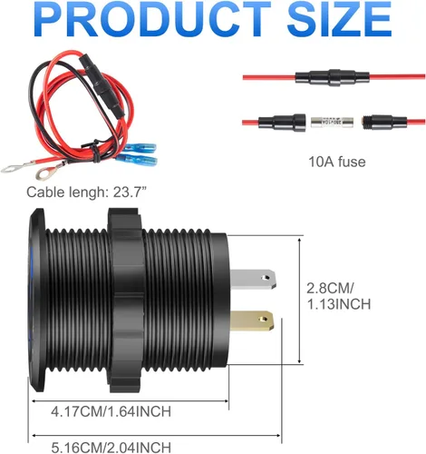 Vista 5 de Cargador de aluminio USB de 12 V PD 3.0 tipo C y doble carga rápida 3.0 puerto USB múltiple impermeable de 12 V/24 V USB con interruptor táctil, kit