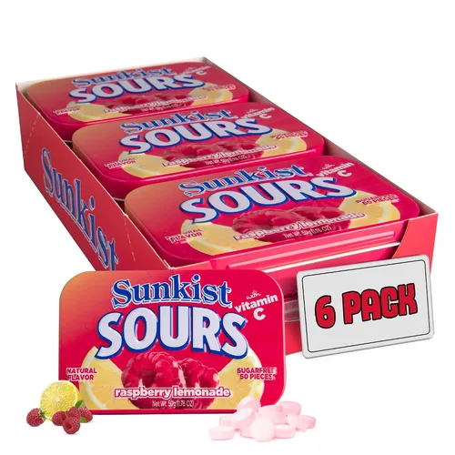 Vista 9 de Sunkist Sours Grapeade, vitamina C, caramelo agrio sin azúcar, lata de 1.76 onzas, bandeja de 6