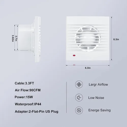 Vista 6 de GROWNEER Extractor de pared de 4 pulgadas, ventilador de ventilación pequeño de montaje en pared de 15 W 90 CFM, ventilador de ventilación