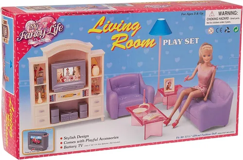Vista 2 de Casa de muñecas tamaño Barbie con muebles, sala de estar con set TV/DVD y vitrina