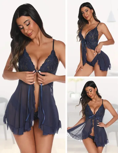 Vista 4 de Queenfox Lencería para mujer, camisón de encaje sexy para mujer