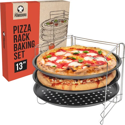 Vista 8 de Chef Pomodoro Juego de pizza para hornear con 3 bandejas para pizza y estante para pizza, (sartenes de 11 pulgadas), bandejas perforadas