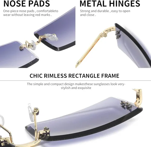 Vista 2 de KAMMPT Gafas de sol sin montura para mujeres y hombres, lentes teñidas de metal dorado, sin marco, unisex, rectángulo, lentes