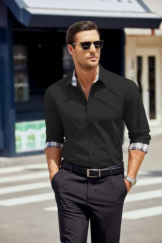 Vista 2 de COOFANDY Camisas de vestir de algodón para hombre, manga larga, cuello a cuadros, ajuste delgado, casual, con botones