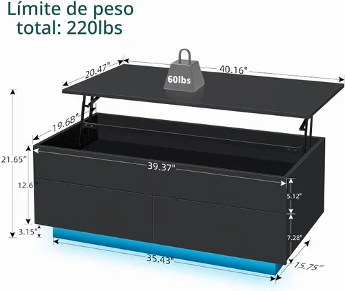 Vista 2 de HOMMPA Mesa de centro elevable de 40 pulgadas, mesas de centro negras con almacenamiento para sala de estar, mesa de centro moderna LED, mesa