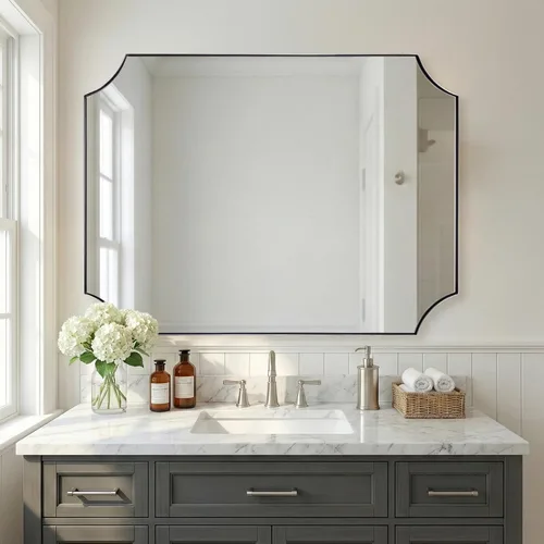 Vista 17 de ANDY STAR Espejo de baño de bronce cepillado, espejo festoneado de 24 x 36 pulgadas para baño, espejo rectangular de bronce antiguo con marco