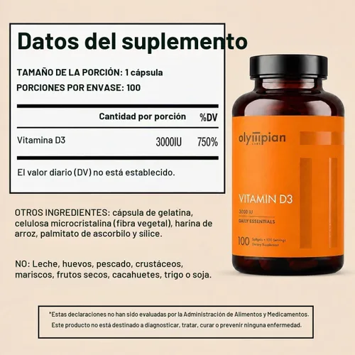 Vista 2 de Olympian Labs Vitamina D3 3000 Iu 100 cápsulas que apoyan huesos fuertes Cápsulas de vitamina D3, 3000 UI por cápsula, 75 mcg, Uno al día, 100