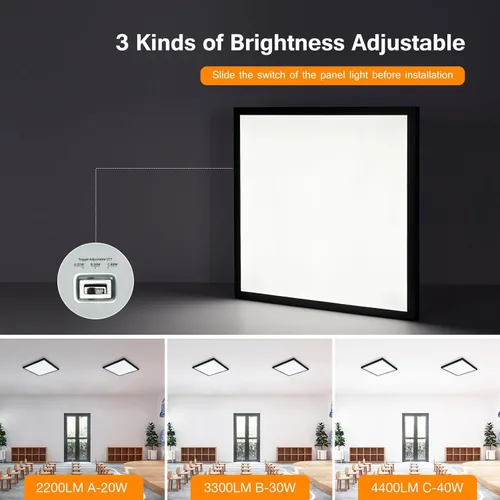 Vista 3 de Luces LED de panel de montaje en superficie negras 2x2, 40W-30W-20W y 5000K-4000K-3000K seleccionables, regulables de 0-10V, cuadradas, para cocina