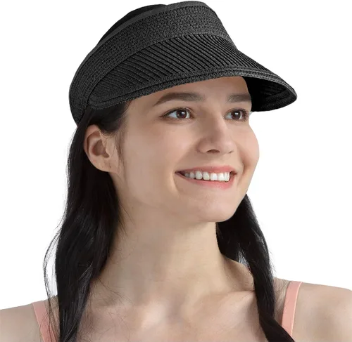 Vista 10 de SUN CUBE Sombrero de visera para mujer, sombrero de playa de ala ancha, paja con protección UV, gorra plegable plegable, visera de verano para cola