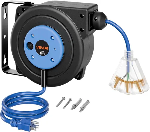 Vista 14 de VEVOR Carrete de cable de extensión retráctil de 25 pies resistente 14AWG