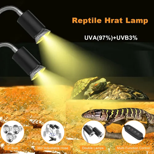 Vista 8 de Lámpara de calor para reptiles, lámpara de calefacción de doble cabeza para reptiles, lámpara de tortuga UVA/B con abrazadera, control separado, luz