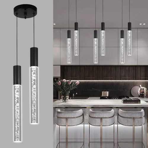 Vista 15 de Moderna lámpara colgante dorada, 1 luz LED colgante de 3 colores, cable acrílico, luces colgantes de techo ajustables para cocina, isla, sala