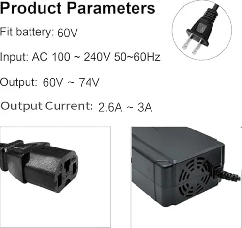 Vista 7 de Cargador 72V 3A Enchufe de 3 pines para 60V 20AH 32AH AGM Gel SLA Big Electric Scooters, eWheels EW-52 EW-54, Go Karts, Big Toys, 60V Batería