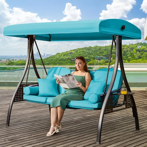 Vista 13 de Columpio de porche para exteriores 3 en 1 con toldo ajustable, columpio de 3 asientos para adultos, columpio de patio con cojines gruesos, almohadas