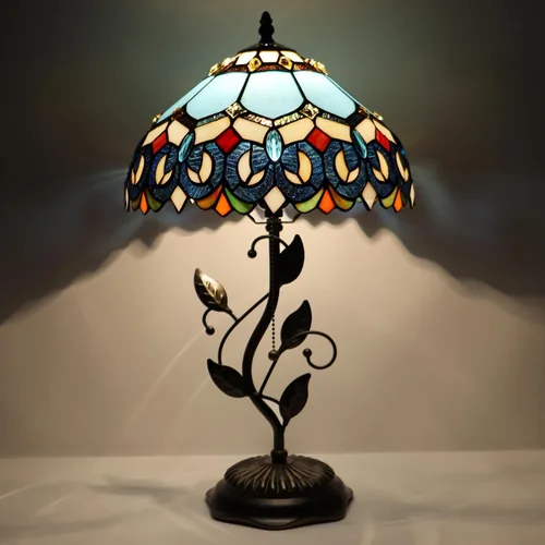 Vista 10 de Tiffany Table Lamp, Stained Glass Desk Light, W12H19 Inch, Metal Leaf Base (Sea Blue Pearl Style)