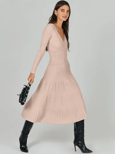 Vista 7 de ANRABESS Vestido midi cruzado tipo suéter para mujer, manga larga, cuello en V, cintura alta, acanalado, plisado, vestido acampanado