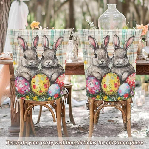 Vista 6 de Juego de 6 fundas decorativas para sillas de banquetes de boda, diseño de conejo, conejos, conejos de búfalo, para mesa de comedor