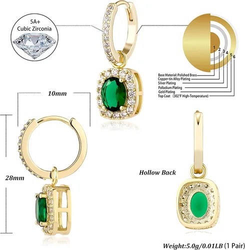 Vista 2 de TOPGRILLZ Aretes colgantes de oro para mujer, diseño de gota gruesa, verde esmeralda, chapado en oro de 14 quilates, circonita cúbica, aretes
