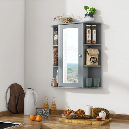 Vista 8 de Tangkula Botiquín de baño, armario de almacenamiento montado en la pared con puerta de espejo, extraíble y 3 estantes ajustables, armario de espejo
