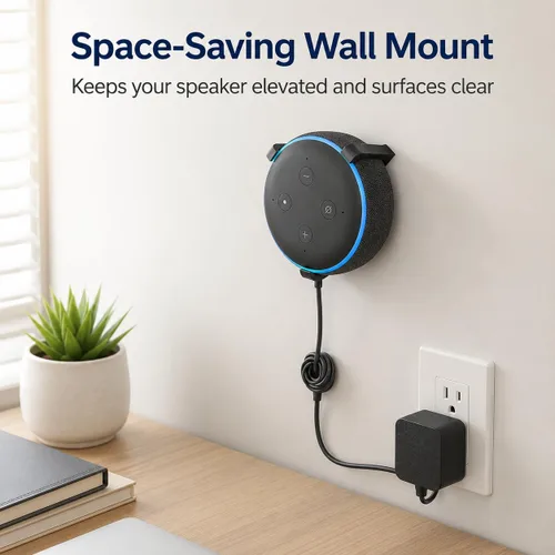 Vista 2 de Soporte de pared para Amazon Echo Dot – Percha de enchufe que ahorra espacio No requiere taladrar Gestión de cables integrada Soporte